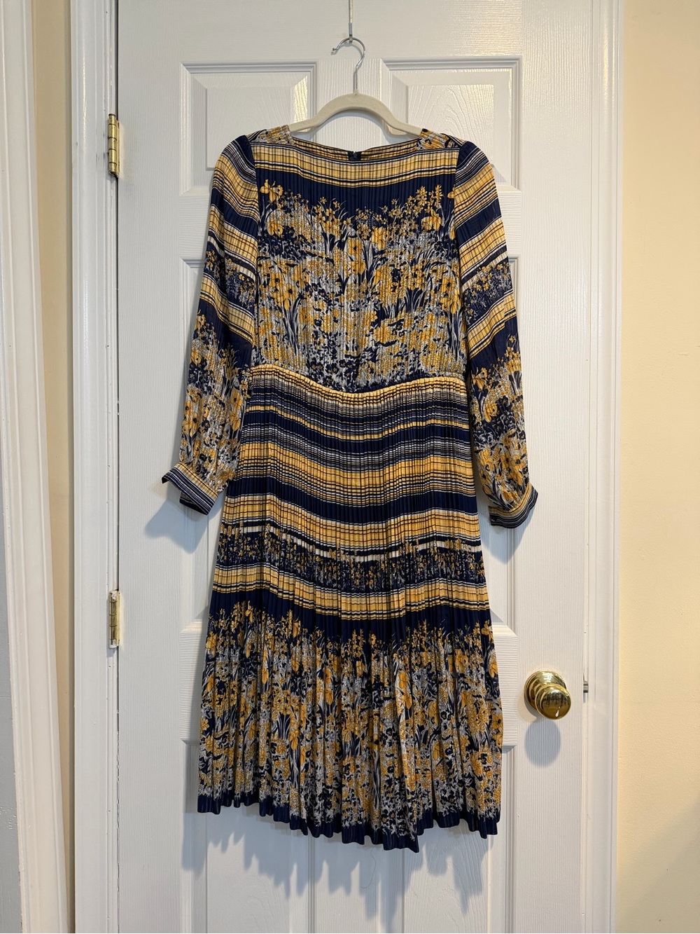 Navy and Mustard Floral Long-Sleeve Pleated Midi Dress